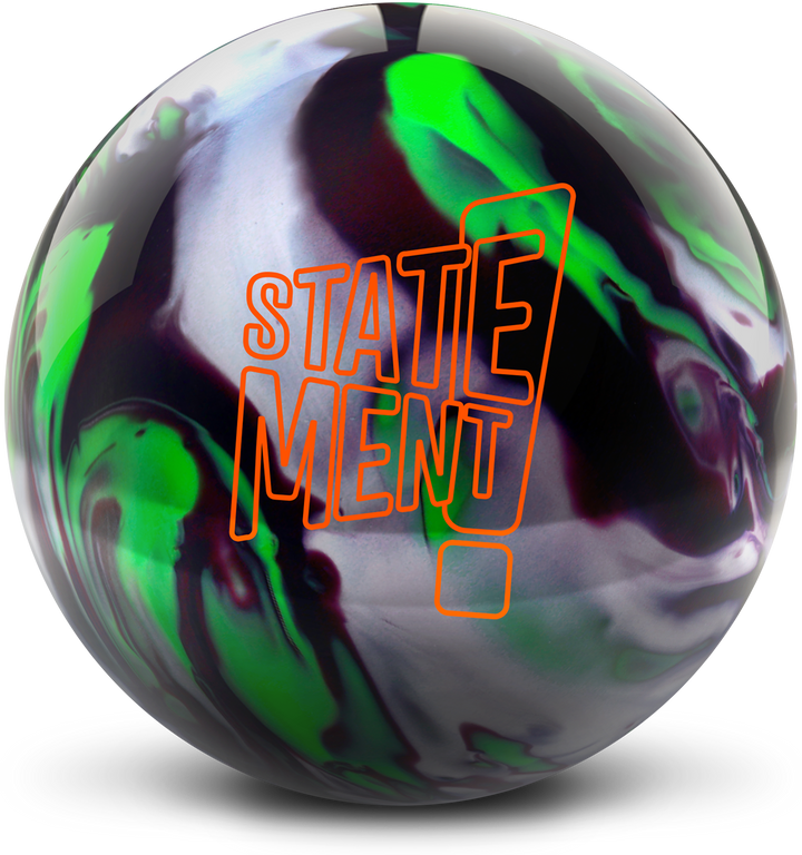 A lime, silver, and black cherry colored bowling ball with the Statement logo in orange centered prominently.