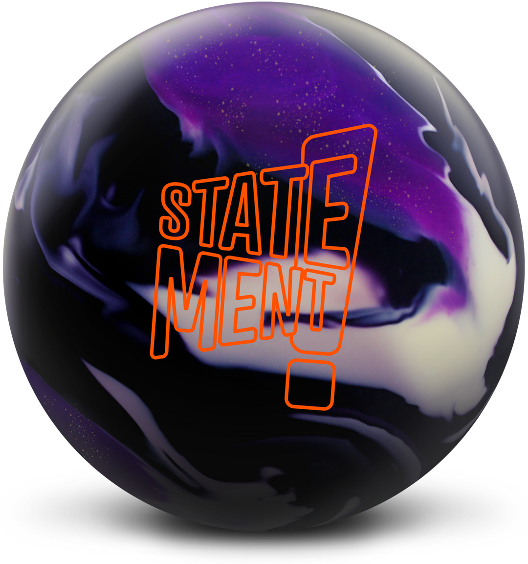 A purple, black, and white colored bowling ball with the Statement logo in orange centered prominently.