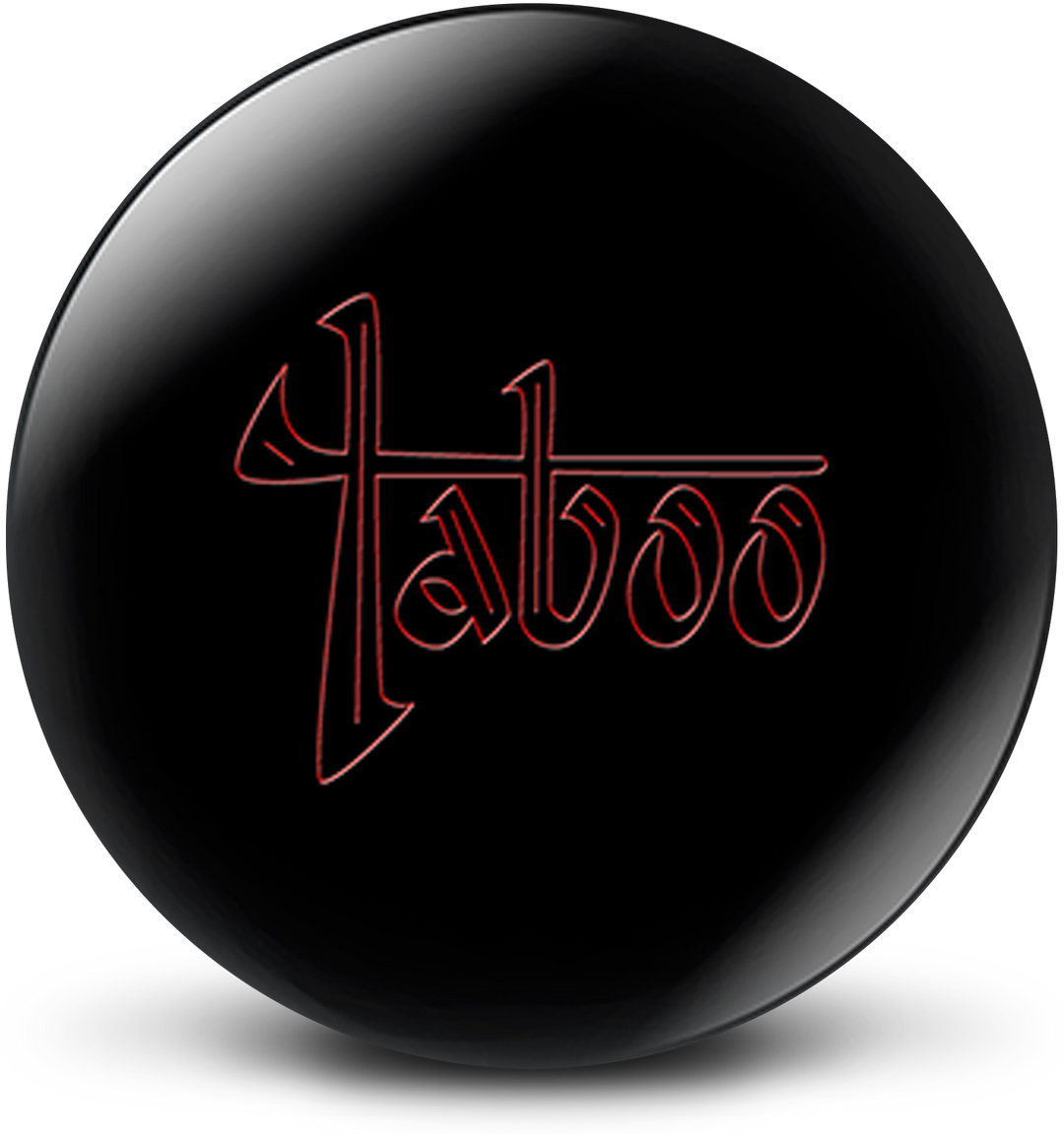 A Jet Black colored bowling ball with the Taboo logo in red centered prominently.