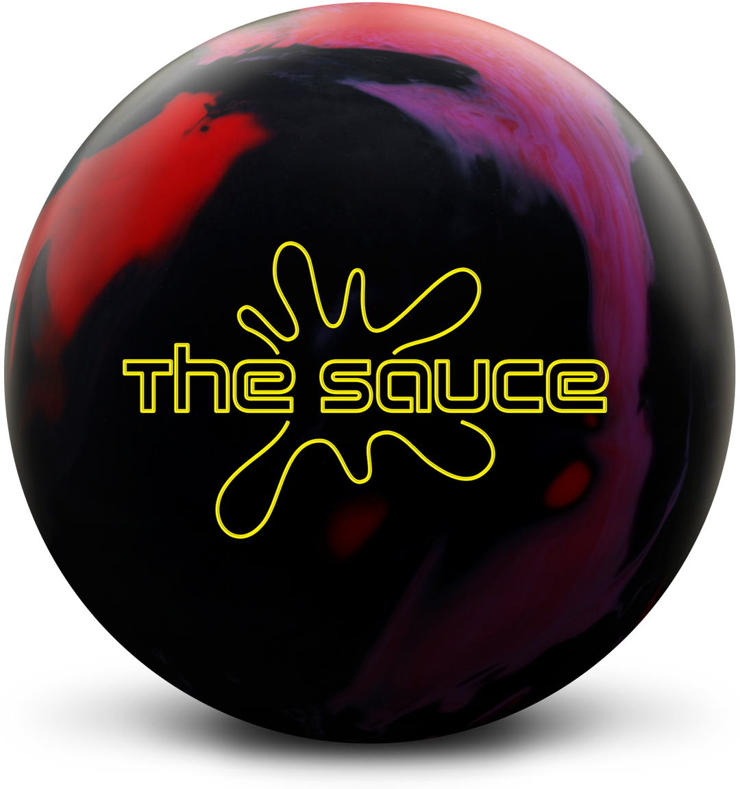 A red, black, and magenta bowling ball with The Sauce logo in bright yellow centered prominently.