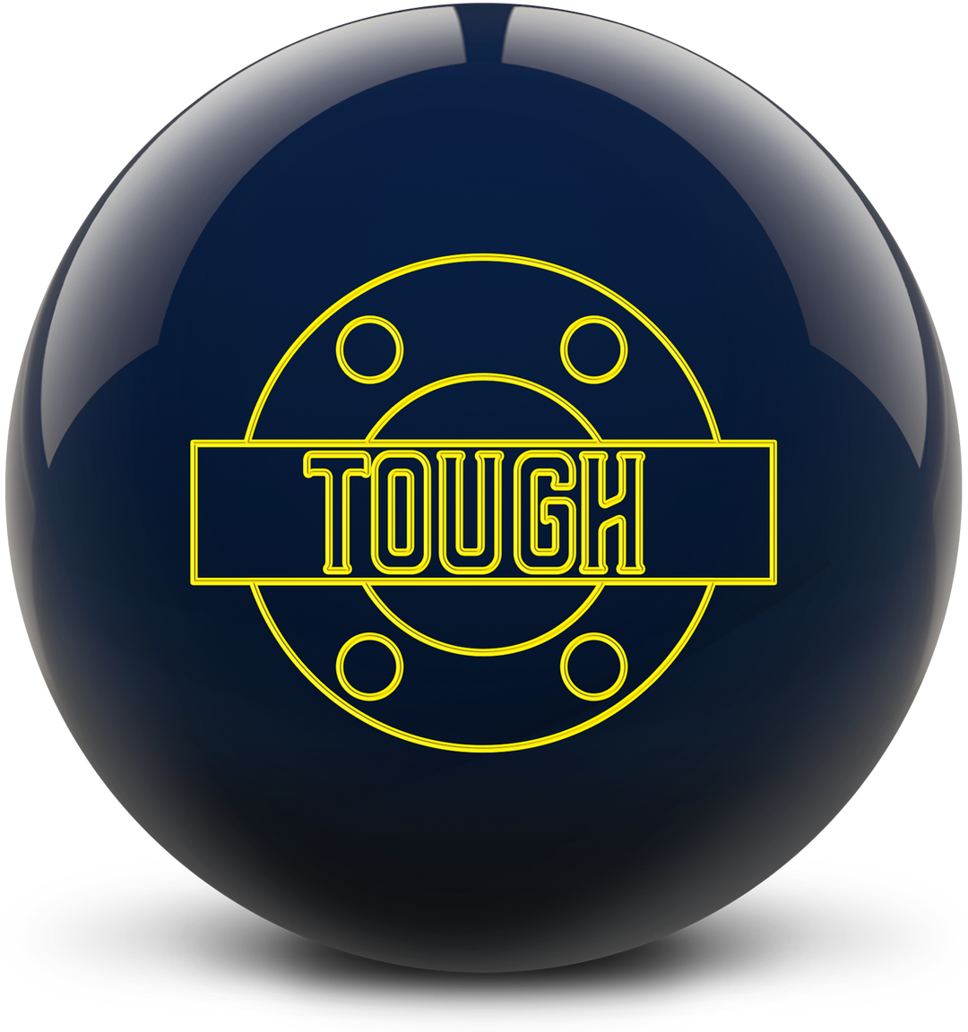 A navy colored bowling ball with the Tough logo in bright yellow centered prominently.
