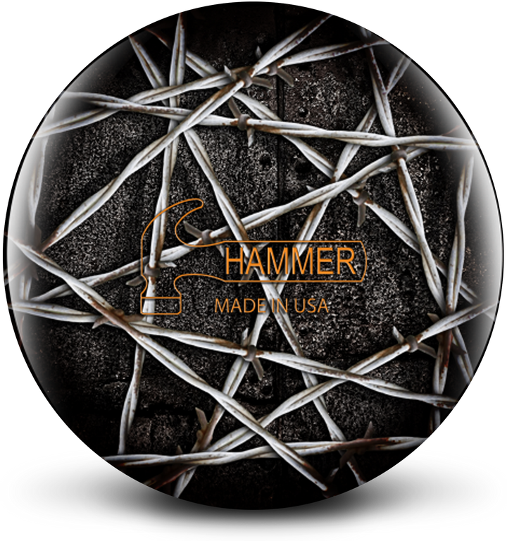 A dark colored bowling ball with a rough, concrete style texture with silver barbed wire crisscrossing and with the Hammer logo outlined in orange centered prominently.