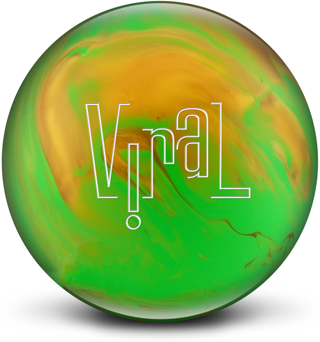 A lime and gold pearl colored bowling ball with the Viral logo in white centered prominently.