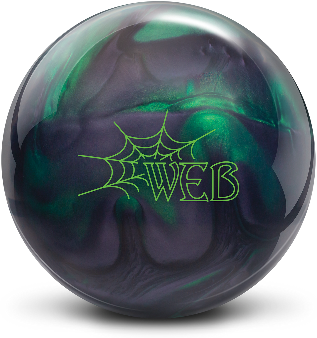 A smoke grey and jade colored bowling ball with the Web logo in neon green centered prominently.