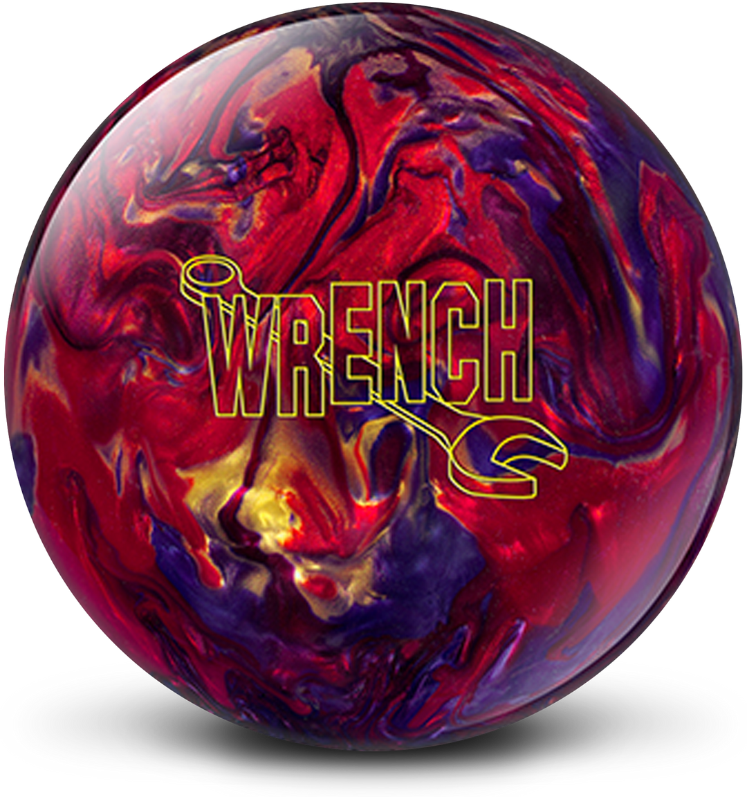 A red, gold, and purple bowling ball with the Wrench logo in yellow centered prominently.