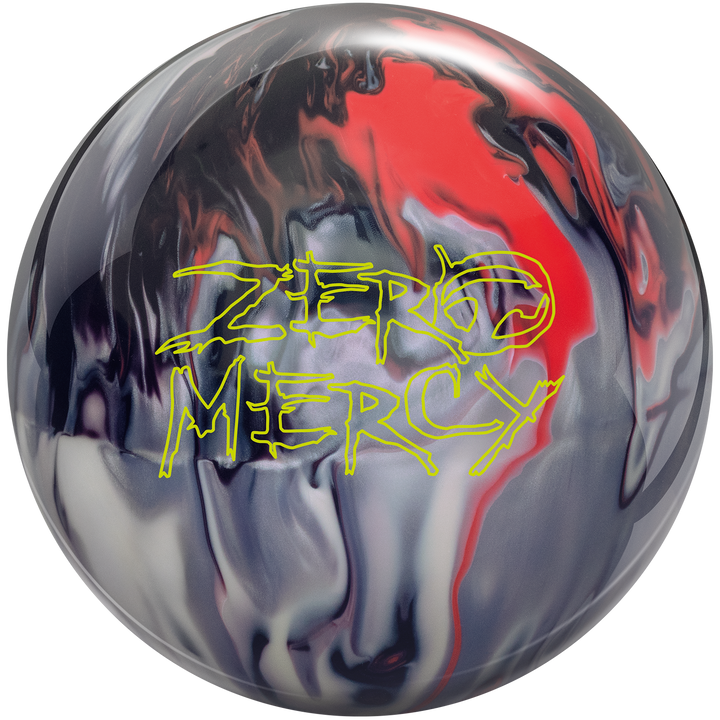 A black, silver, white, and red colored bowling ball with the Zero Mercy logo in neon yellow centered prominently.