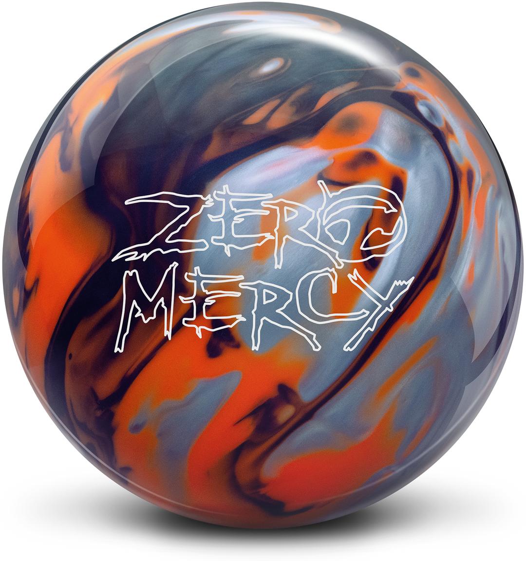 A silver, orange, and black colored bowling ball with the Zero Mercy logo in white centered prominently.