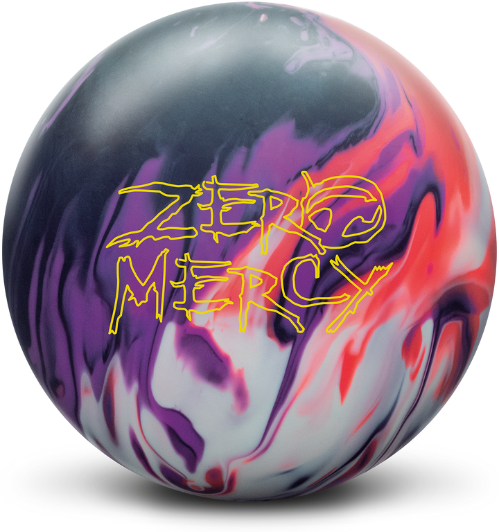 A black, purple, white, and red colored bowling ball with the Zero Mercy logo in yellow centered prominently.