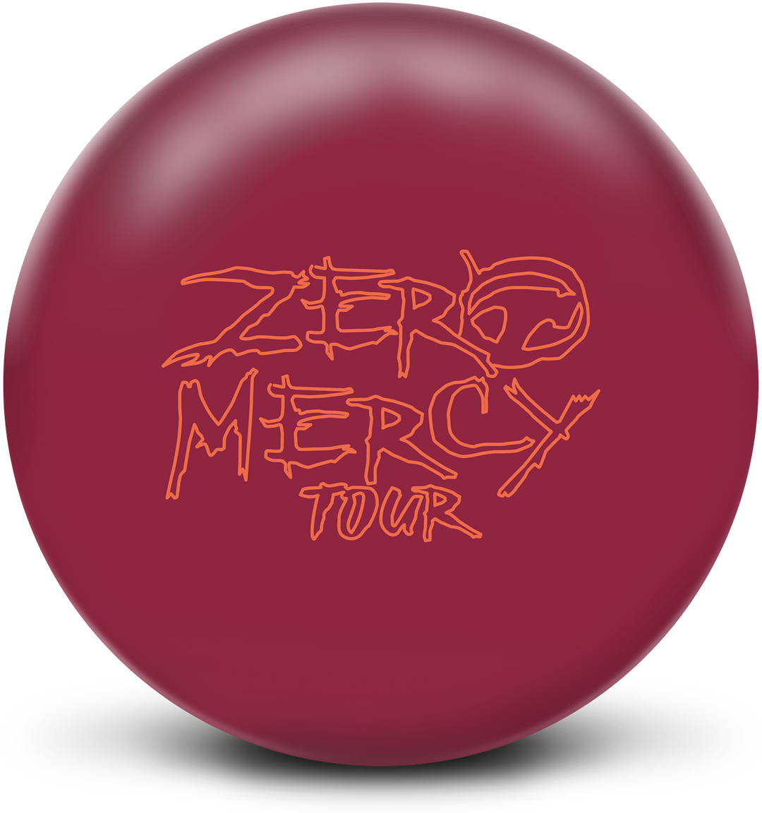 A Crimson colored bowling ball with the Zero Mercy Tour logo in orange centered prominently.
