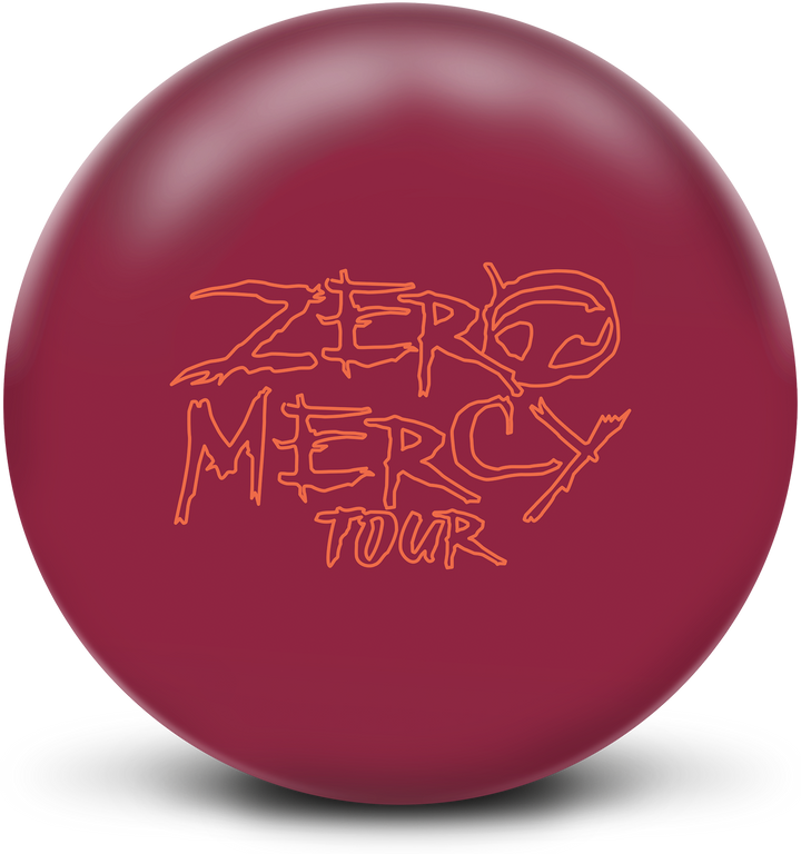 A Crimson colored bowling ball with the Zero Mercy Tour logo in orange centered prominently.