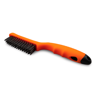 Shoe Brush with orange body and black bristles.