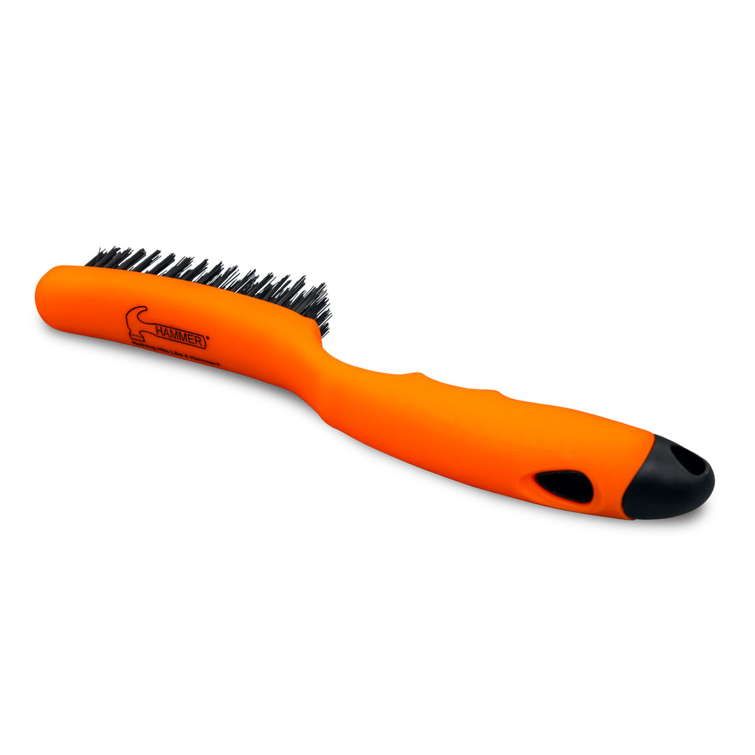 Shoe Brush with orange body and black bristles. Showing Hammer logo on head.